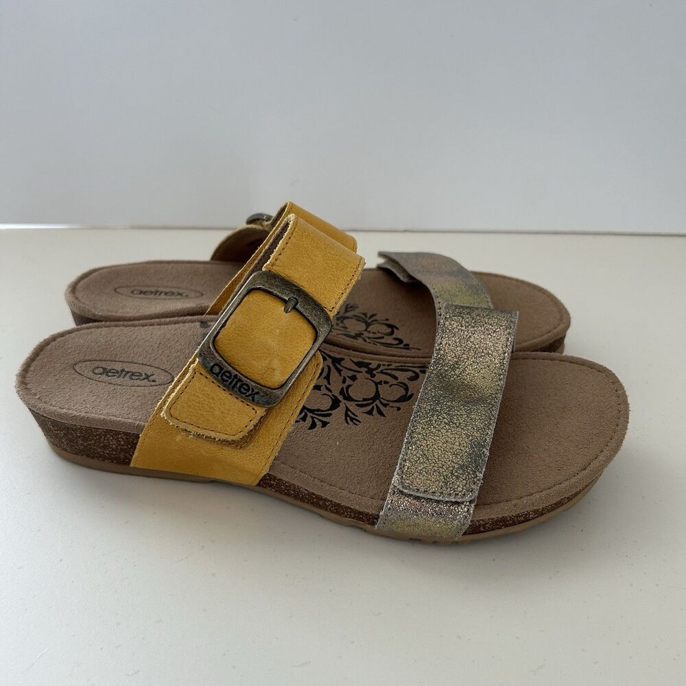 Aetrex Daisy Sandals Women Sz 8.5 Yellow Gold Leather Comfort Arch Slide Slip On - Picture 2 of 11